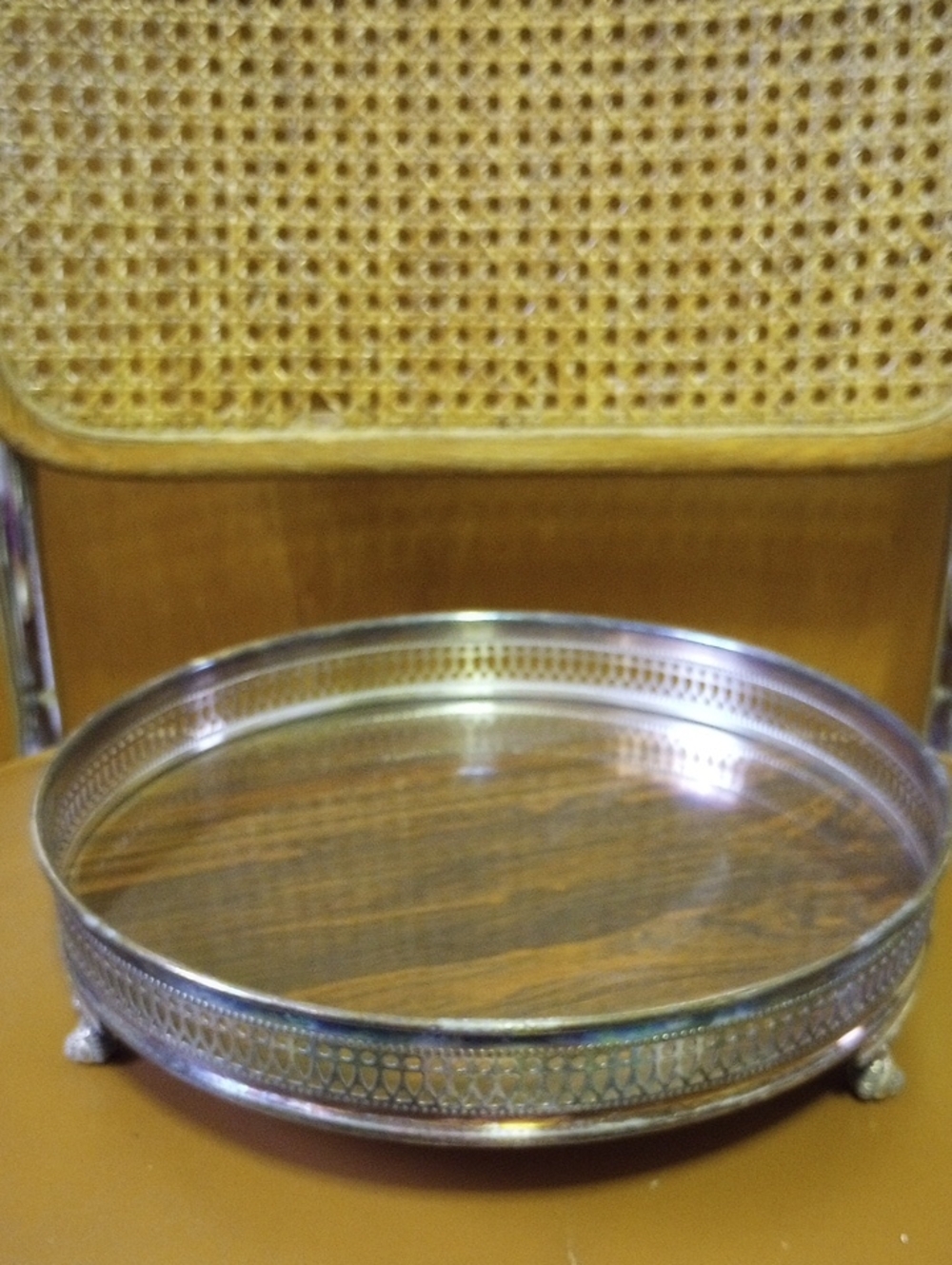 Vintage Round Silver Plate Tray w/ Wood Tone Formica Base & Decorative Feet